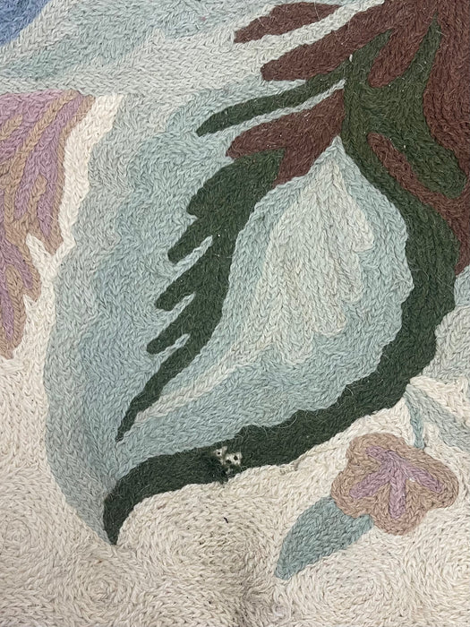 Handmade Wool Chain Stitch Floral Oval Rug in Pink and Blue, Made in India