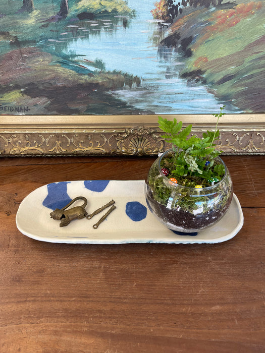 Handmade Studio Pottery Tray with Blue Abstract Glaze and Textured Underside