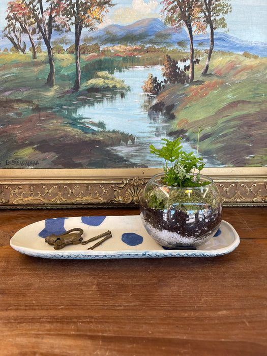 Handmade Studio Pottery Tray with Blue Abstract Glaze and Textured Underside