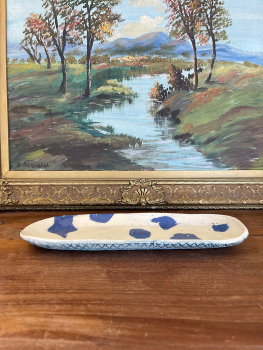 Handmade Studio Pottery Tray with Blue Abstract Glaze and Textured Underside