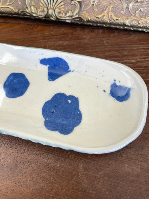 Handmade Studio Pottery Tray with Blue Abstract Glaze and Textured Underside