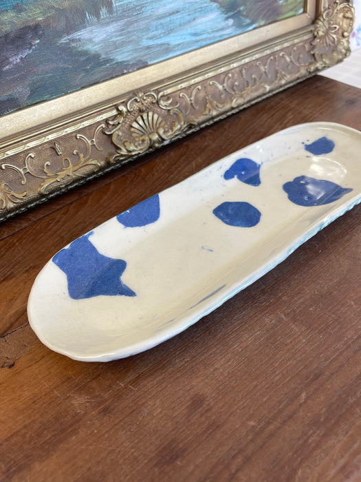 Handmade Studio Pottery Tray with Blue Abstract Glaze and Textured Underside