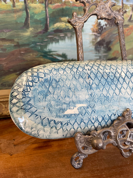 Handmade Studio Pottery Tray with Blue Abstract Glaze and Textured Underside