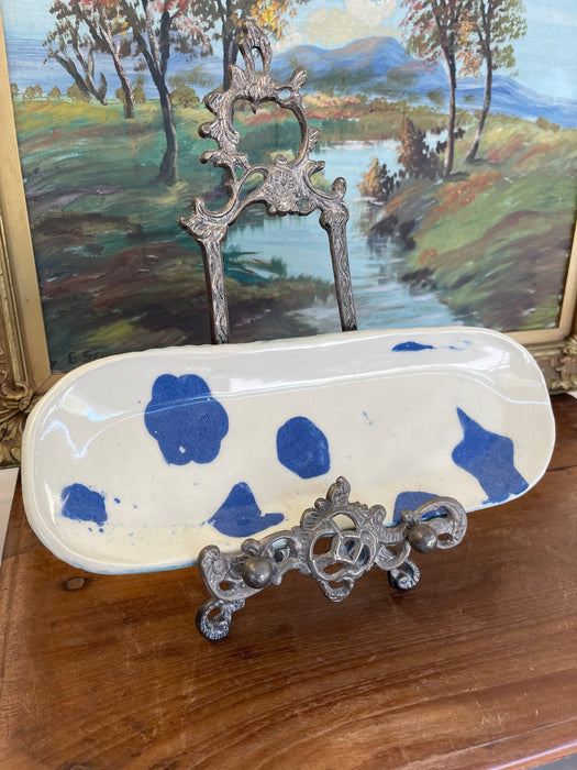 Handmade Studio Pottery Tray with Blue Abstract Glaze and Textured Underside