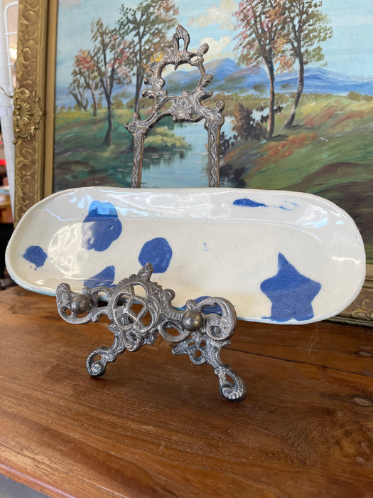 Handmade Studio Pottery Tray with Blue Abstract Glaze and Textured Underside