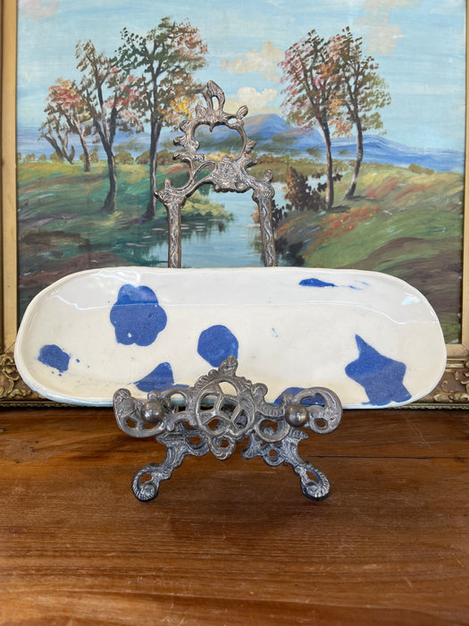 Handmade Studio Pottery Tray with Blue Abstract Glaze and Textured Underside
