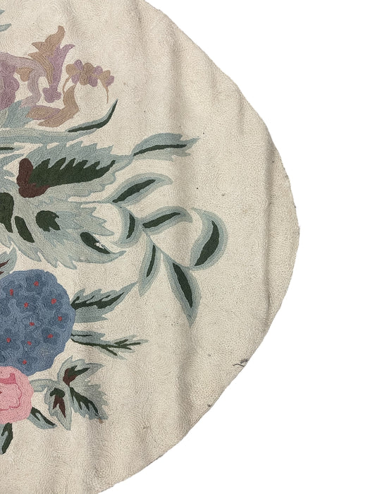 Handmade Wool Chain Stitch Floral Oval Rug in Pink and Blue, Made in India