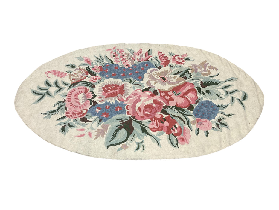 Handmade Wool Chain Stitch Floral Oval Rug in Pink and Blue, Made in India