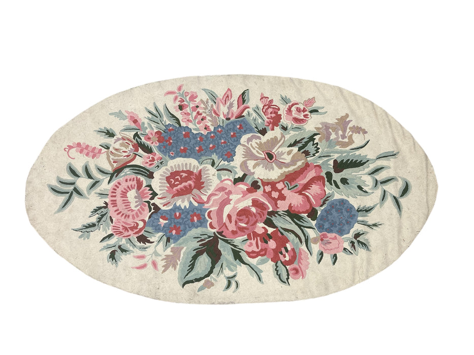 Handmade Wool Chain Stitch Floral Oval Rug in Pink and Blue, Made in India