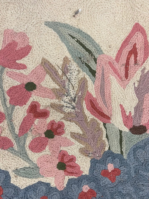 Handmade Wool Chain Stitch Floral Oval Rug in Pink and Blue, Made in India