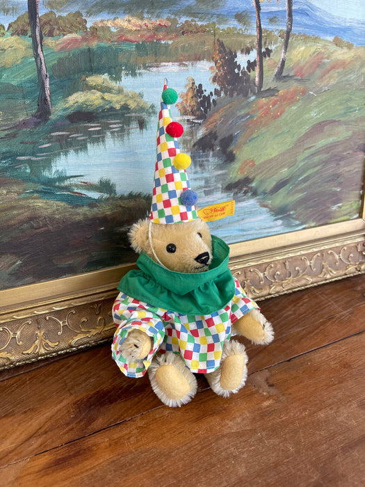 Vintage Steiff Clown Teddy Bear Plush with Original Outfit and Hat, Made in West Germany.