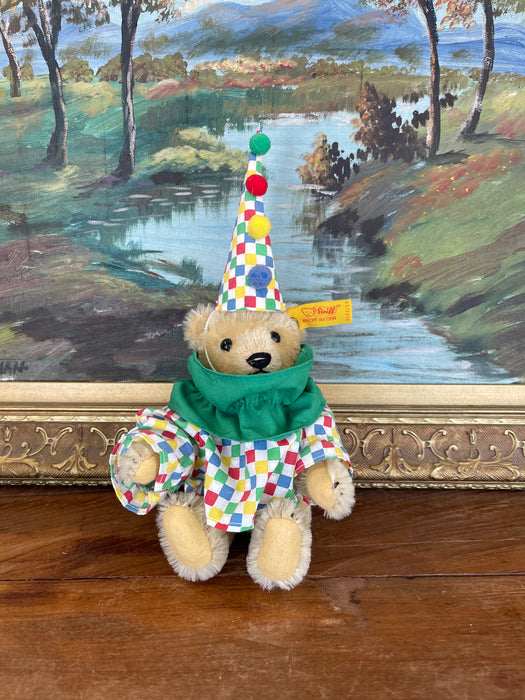 Vintage Steiff Clown Teddy Bear Plush with Original Outfit and Hat, Made in West Germany.