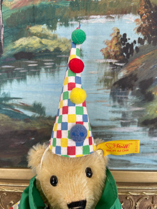 Vintage Steiff Clown Teddy Bear Plush with Original Outfit and Hat, Made in West Germany.