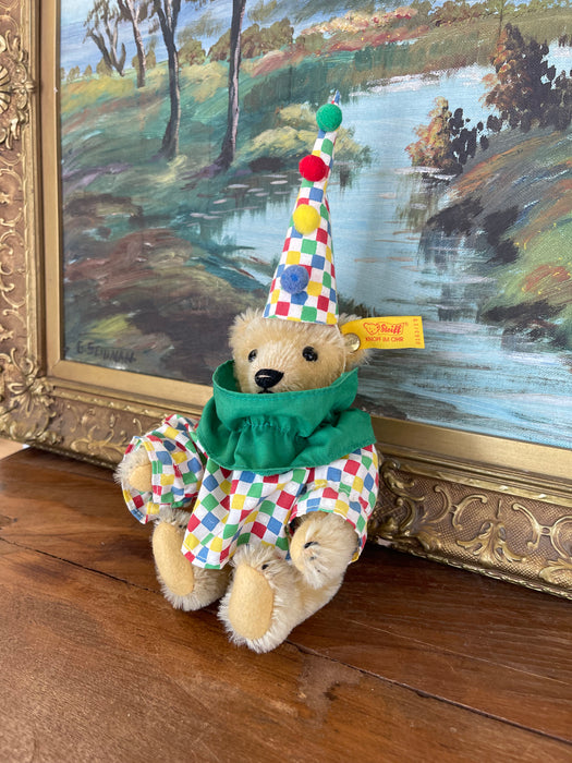 Vintage Steiff Clown Teddy Bear Plush with Original Outfit and Hat, Made in West Germany.