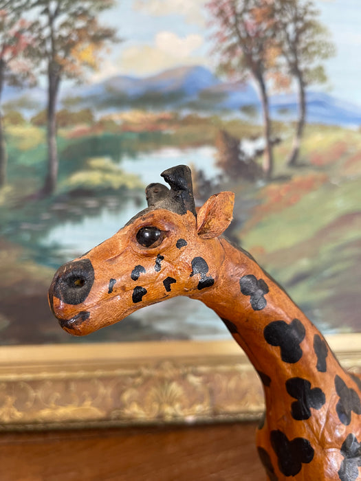 Hand-Carved Painted Wooden Giraffe Sculpture with Black Markings