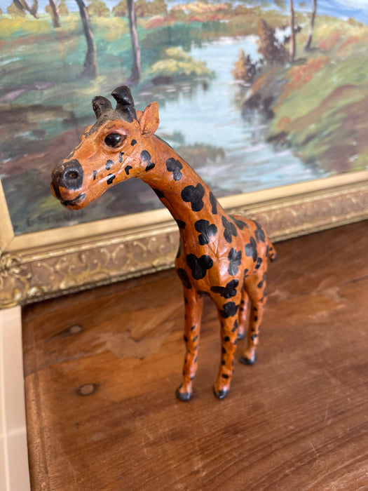 Hand-Carved Painted Wooden Giraffe Sculpture with Black Markings