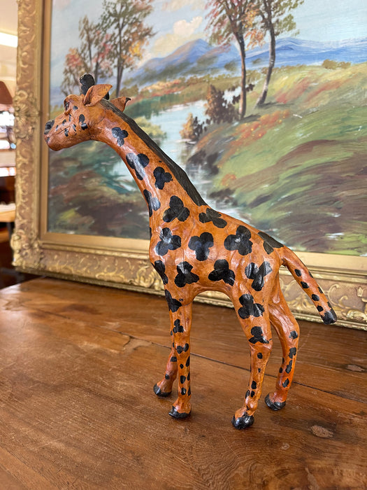 Hand-Carved Painted Wooden Giraffe Sculpture with Black Markings