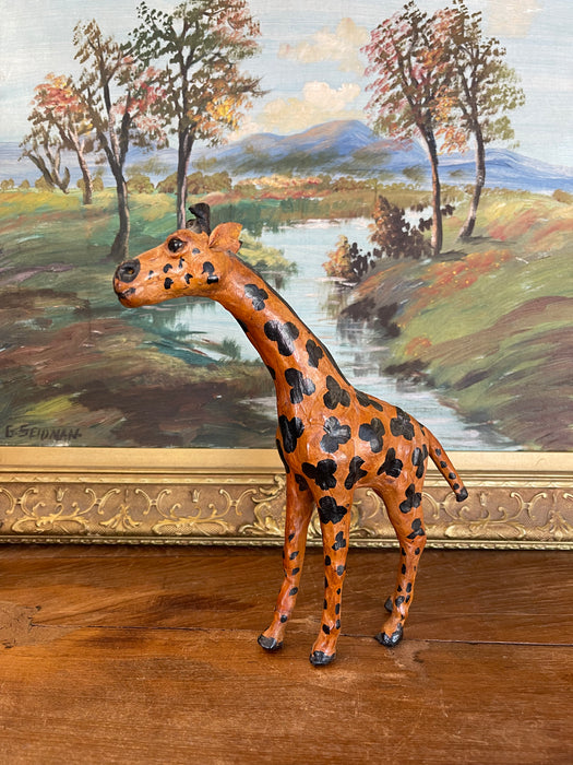 Hand-Carved Painted Wooden Giraffe Sculpture with Black Markings