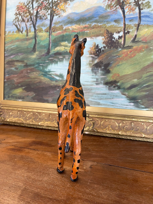 Hand-Carved Painted Wooden Giraffe Sculpture with Black Markings
