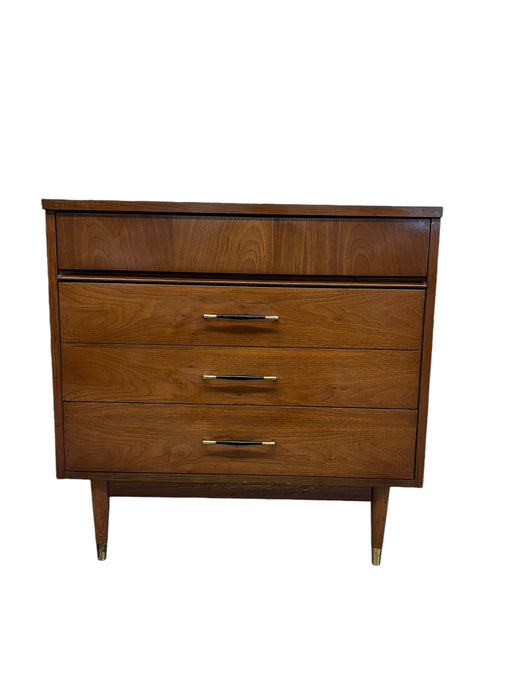 Vintage Mid Century Modern 3-Drawer Walnut Dreser with Original Handles & Brass Finished Metal Capped Tapered Legs