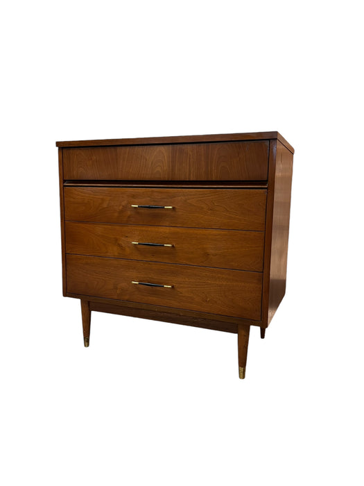 Vintage Mid Century Modern 3-Drawer Walnut Dreser with Original Handles & Brass Finished Metal Capped Tapered Legs