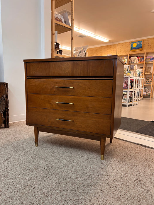 Vintage Mid Century Modern 3-Drawer Walnut Dreser with Original Handles & Brass Finished Metal Capped Tapered Legs