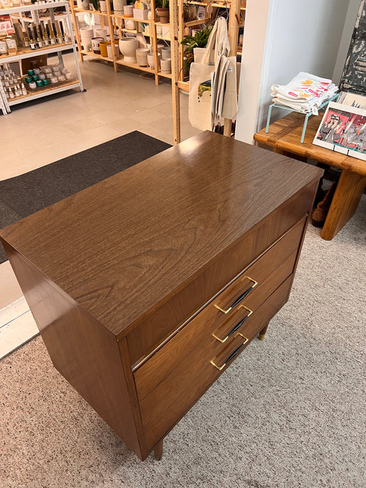 Vintage Mid Century Modern 3-Drawer Walnut Dreser with Original Handles & Brass Finished Metal Capped Tapered Legs