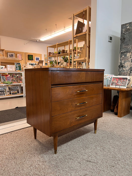 Vintage Mid Century Modern 3-Drawer Walnut Dreser with Original Handles & Brass Finished Metal Capped Tapered Legs