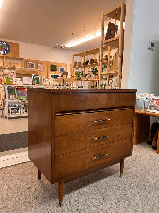 Vintage Mid Century Modern 3-Drawer Walnut Dreser with Original Handles & Brass Finished Metal Capped Tapered Legs