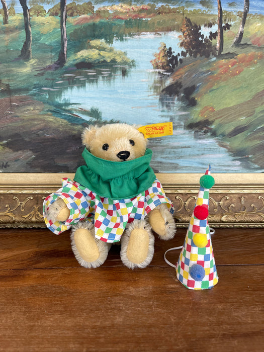 Vintage Steiff Clown Teddy Bear Plush with Original Outfit and Hat, Made in West Germany.