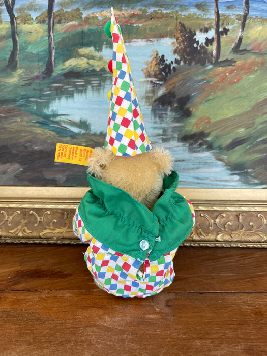Vintage Steiff Clown Teddy Bear Plush with Original Outfit and Hat, Made in West Germany.