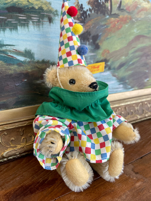Vintage Steiff Clown Teddy Bear Plush with Original Outfit and Hat, Made in West Germany.
