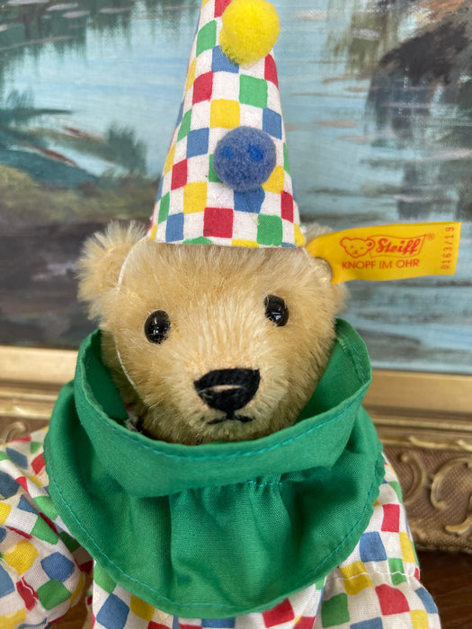 Vintage Steiff Clown Teddy Bear Plush with Original Outfit and Hat, Made in West Germany.