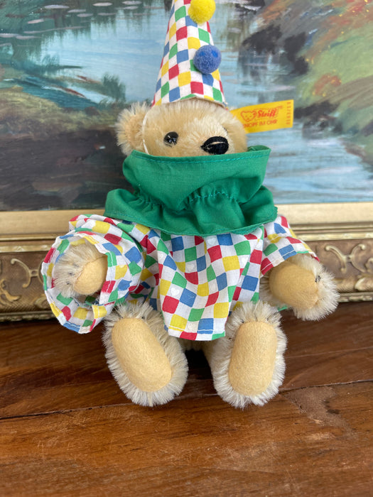 Vintage Steiff Clown Teddy Bear Plush with Original Outfit and Hat, Made in West Germany.