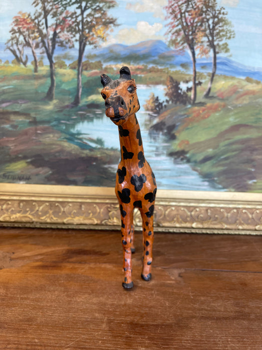Hand-Carved Painted Wooden Giraffe Sculpture with Black Markings