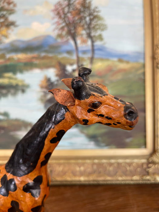 Hand-Carved Painted Wooden Giraffe Sculpture with Black Markings