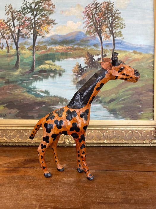 Hand-Carved Painted Wooden Giraffe Sculpture with Black Markings