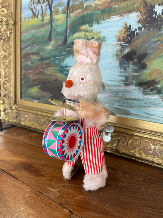 Vintage Wind-Up Bunny Rabbit Toy with Drum and Cymbals, 1950s-1960s.