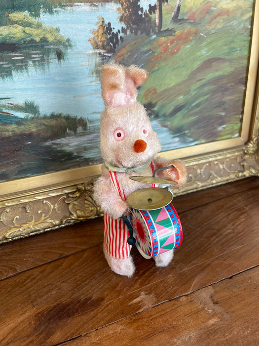 Vintage Wind-Up Bunny Rabbit Toy with Drum and Cymbals, 1950s-1960s.
