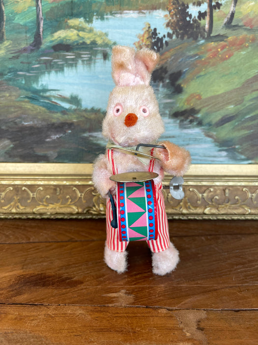 Vintage Wind-Up Bunny Rabbit Toy with Drum and Cymbals, 1950s-1960s.