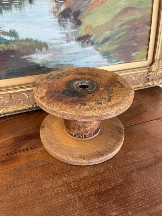 Likely Antique Industrial Wooden Textile Mill Spool with Likely Iron Center