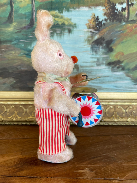 Vintage Wind-Up Bunny Rabbit Toy with Drum and Cymbals, 1950s-1960s.