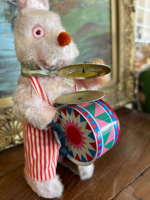 Vintage Wind-Up Bunny Rabbit Toy with Drum and Cymbals, 1950s-1960s.