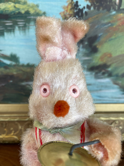 Vintage Wind-Up Bunny Rabbit Toy with Drum and Cymbals, 1950s-1960s.