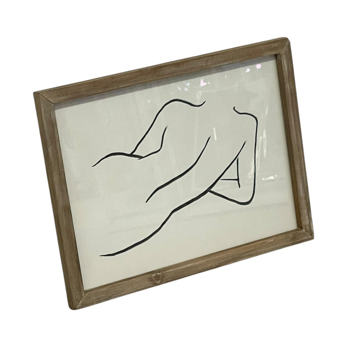 Contemporary Minimalist Reclining Nude Figure Line Drawing in Wood Frame.