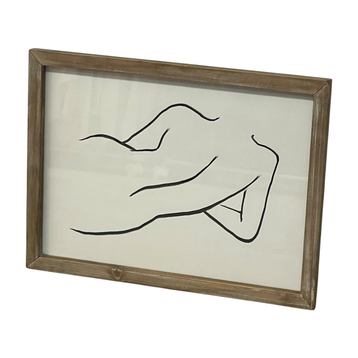 Contemporary Minimalist Reclining Nude Figure Line Drawing in Wood Frame.
