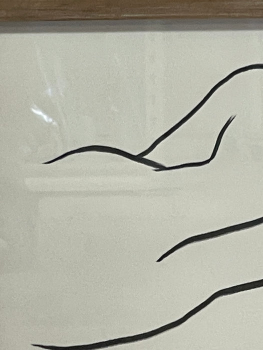 Contemporary Minimalist Reclining Nude Figure Line Drawing in Wood Frame.