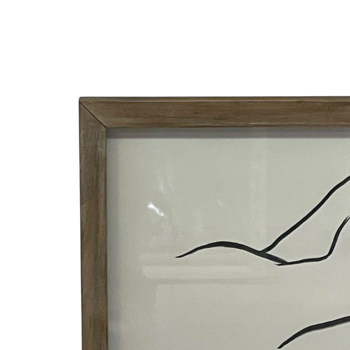 Contemporary Minimalist Reclining Nude Figure Line Drawing in Wood Frame.