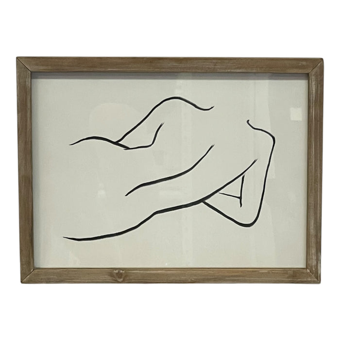 Contemporary Minimalist Reclining Nude Figure Line Drawing in Wood Frame.