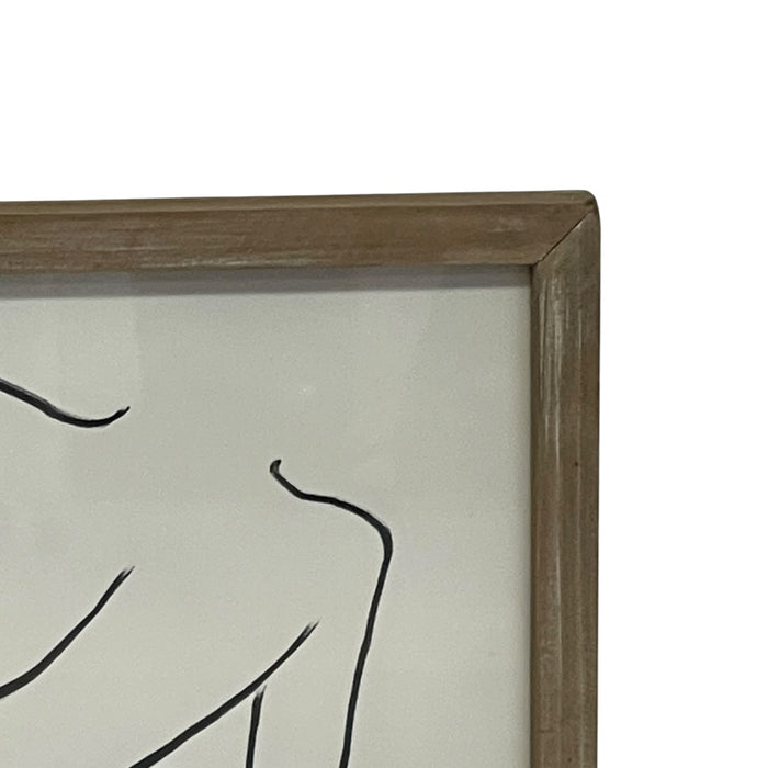 Contemporary Minimalist Reclining Nude Figure Line Drawing in Wood Frame.